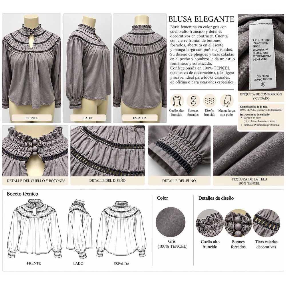 Blusa femenina color gris , de manga larga y diseño elegante